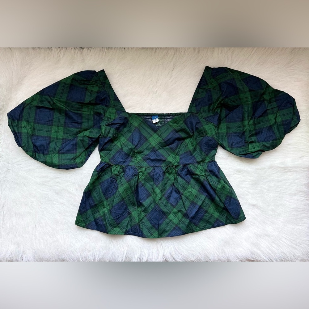 Plaid Puff Sleeve Top - Green and Navy - Picture 3 of 5